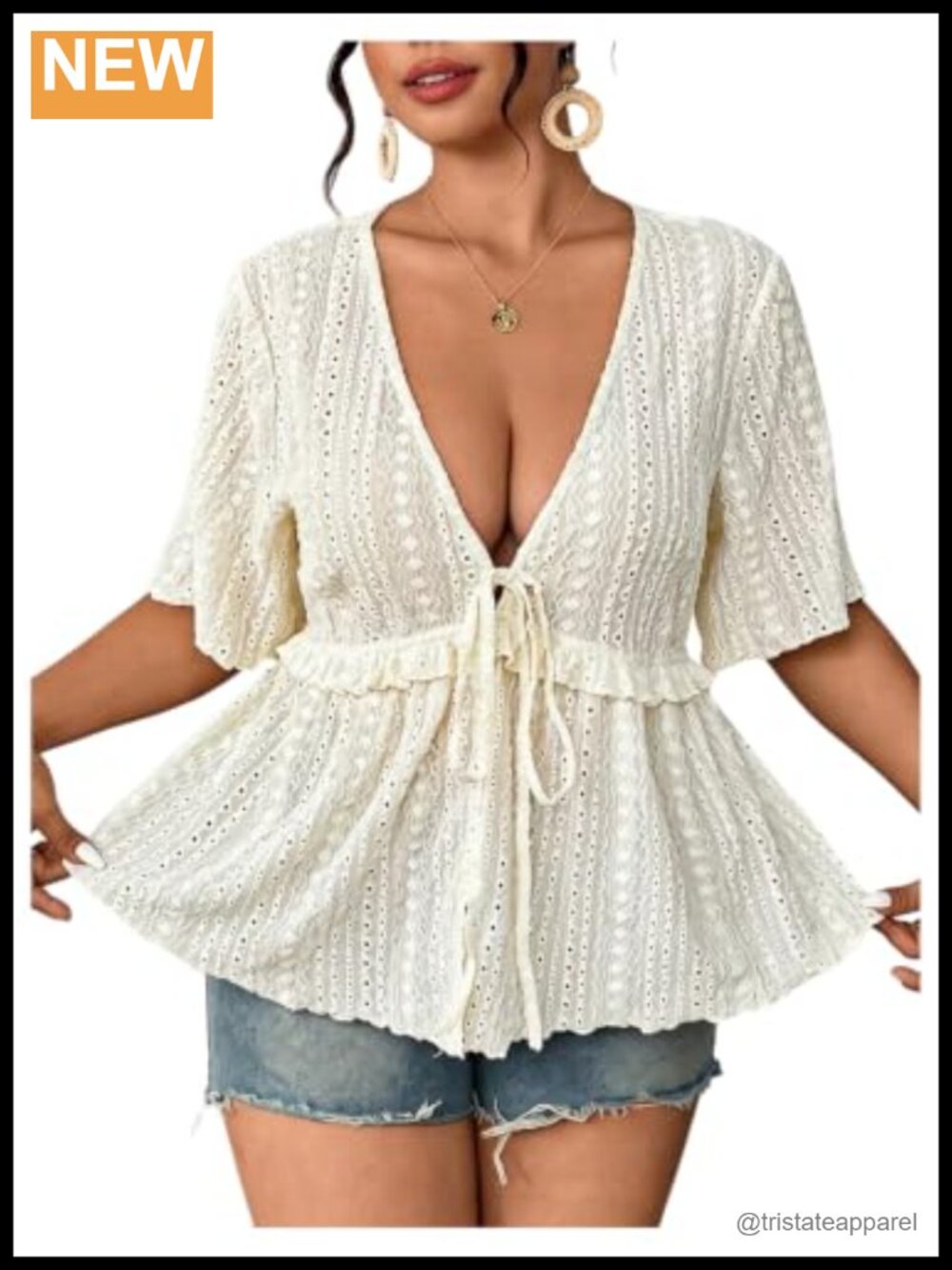 Plus Size Eyelet Embroidered Babydoll Peplum Blouse V Neck